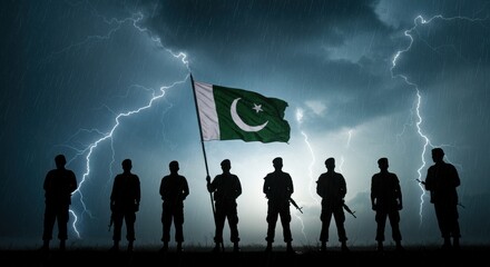 military soldiers standing under stormy sky with lightning and national flag of pakistan
