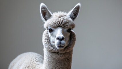 Obraz premium Lama pacos, an alpaca of medium silver gray color, is portrayed staring straight at the camera.