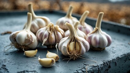 Fall rural scene featuring garlic heads on gray concrete.