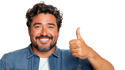 Cheerful man showing thumbs up with a friendly smile, isolated on a white background.