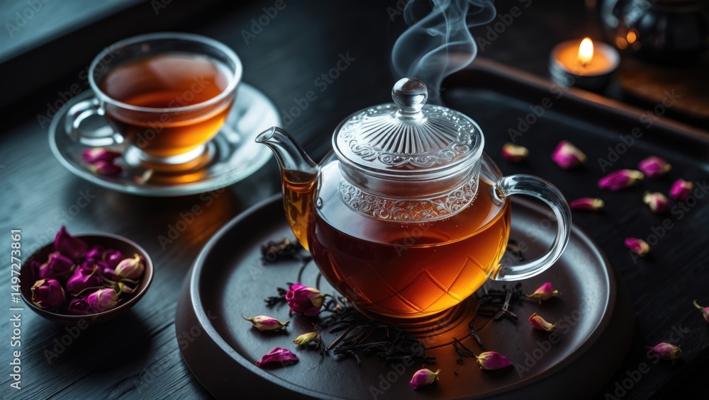 Poster overhead image featuring a teapot and a cup of black tea on a table tray. space for text included.