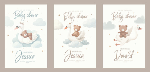 Obraz premium Watercolor baby shower invitation set. Greeting card with sleeping teddy bear on goose, swan among clouds.