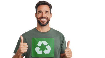 Happy man in green shirt showing thumbs up, promoting recycling and environmental awareness.