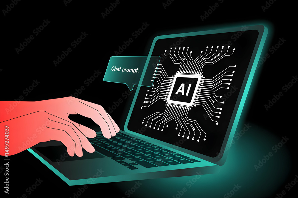Poster hands typing on laptop with ai chip displayed on screen