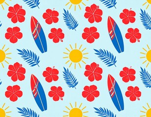 Letni, tropikalny wzór, nadruk z kwiatami hibiskusa,  liśćmi, słońcem i deskami surfingowymi

