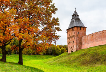 Autumn landscape with Novgorod Kremlin is fortress in Veliky Novgorod, Russia. Veliky Novgorod Kremlin in cloudy autumn day.