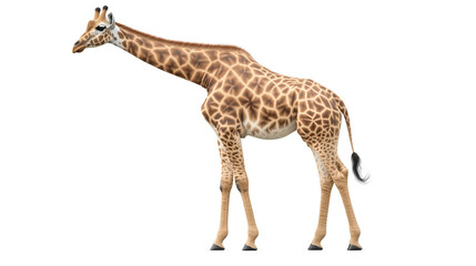 Fototapeta premium Standing giraffe, long neck and spotted wildlife, giraffe height standing giant, giraffe majesty high neck wildlife, long neck king giraffe, on a transparent backgrounds