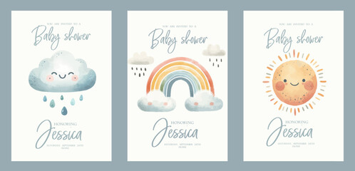 Set of Watercolor New born baby shower invitation. Greeting card with happy sun, rainbow, big cloud with rain.