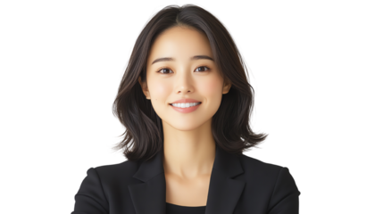 Confident businesswoman smiling, wearing a black blazer, isolated on white background.