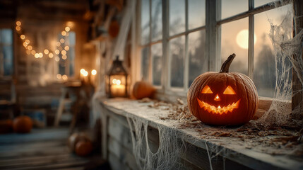 Obraz premium Close up of Halloween pumpkin with detailed creepy face lit from inside standing on windowsill with spider web decor