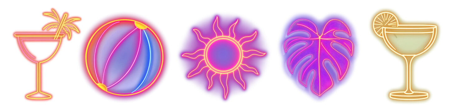 PNG Vibrant neon summer icons, element set on transparent background
