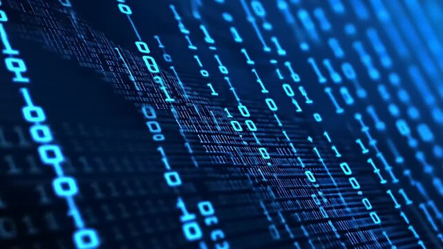 Abstract representation of digital data with binary code flowing in a blue-toned background