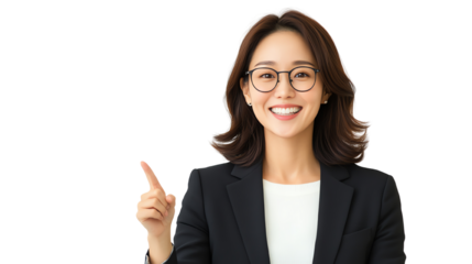 Professional woman in business attire smiling and pointing, ideal for corporate communication and leadership themes.
