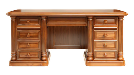 Elegant wooden desk with multiple drawers, perfect for office environments and productivity.