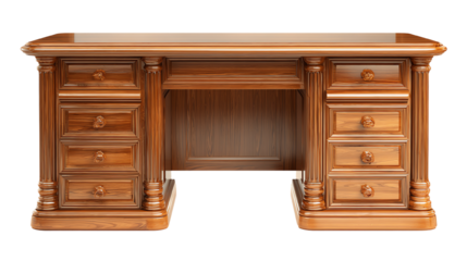 Elegant wooden desk with multiple drawers, perfect for office environments and productivity.