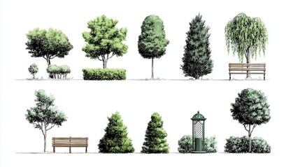 Fototapeta premium A 4K photo of park Design Elements - Trees, Bushes, and Benches on white background.