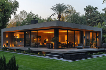 Modern Concrete House with Large Windows and Outdoor Deck at Dusk