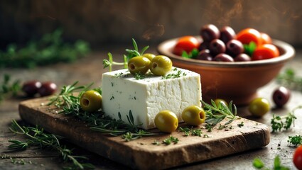 Selective focus on Greek feta cheese with thyme and olives