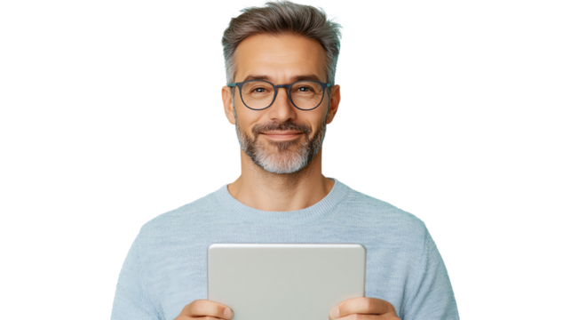 Smiling mature man holding a tablet, wearing glasses, isolated on white background.