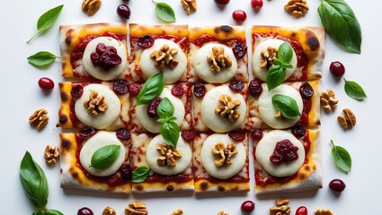 Rectangular Four Cheese Pizza featuring smoked suluguni, gorgonzola, mozzarella, parmesan, sirny sauce, mountain ash, walnuts, spicy honey, and basil on a white surface.