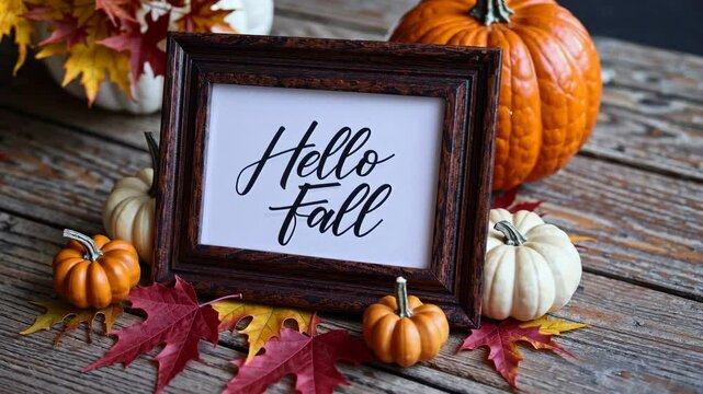 Rustic autumn display with pumpkins and fall leaves surrounding a "hello fall" sign