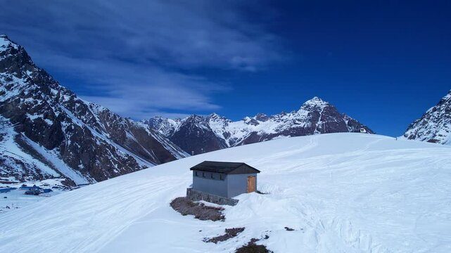 Portillo Ski Center In Andes Mountains Santiago Chile. Ski Lift Passing Over Frozen Mountain In Winter Landscape. Snowing Day Countryside Andes Mountains Map Blizzard. Snowing Day Nature.