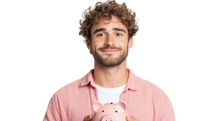 Young man smiling and holding a piggy bank, showcasing savings and financial planning.