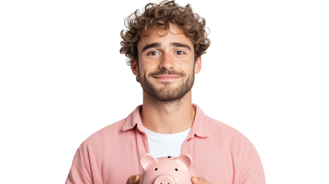 Young man smiling and holding a piggy bank, showcasing savings and financial planning.