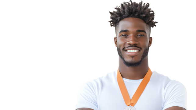 Smiling athlete wearing a medal, showcasing achievement and confidence, ideal for sports and motivation themes.