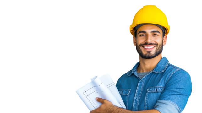 Smiling construction worker holding blueprints, wearing a hard hat against a white background.