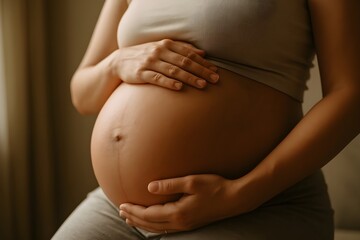 Pregnant woman gently holding her bare belly. Expecting mother, third trimester pregnancy. Pregnant belly. Anticipation of new life. Maternity. Motherhood. Parenthood. Childbirth. Baby