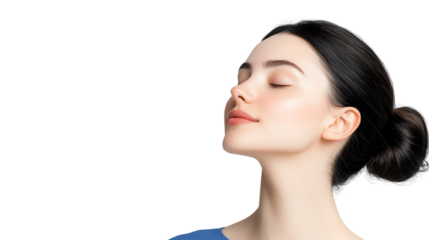 Young woman enjoying a moment of tranquility with a serene expression, isolated on a white background.