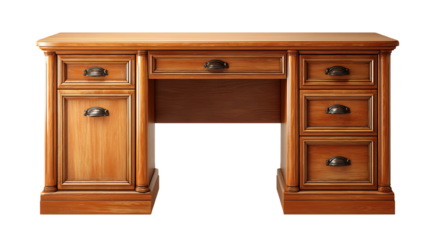 Wooden desk with multiple drawers, perfect for home or office use, on white isolated background.