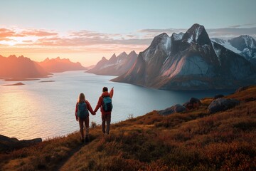 Obraz premium Two hikers holding hands, admiring a beautiful sunset over the mountains and fjords of senja island, norway, during an adventure travel