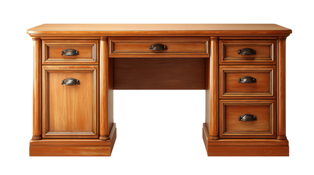 Wooden desk with multiple drawers, perfect for home or office use, on white isolated background.