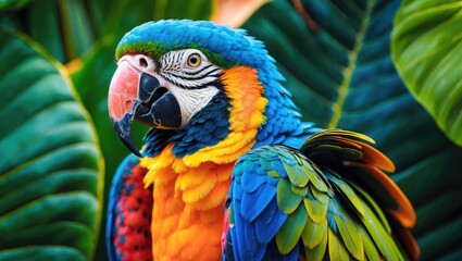 Fototapeta premium Zoomed-in photograph of a bright parrot with large green leaves