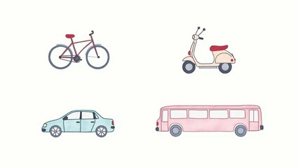 Naklejka premium Colorful Illustration of Bicycle Scooter Car and Bus Transportation Icons