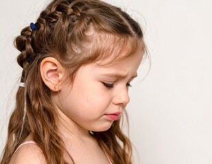 Portrait of a crying Caucasian girl on white background