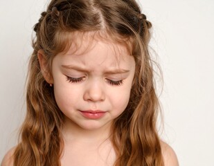 Portrait of a crying Caucasian girl on white background