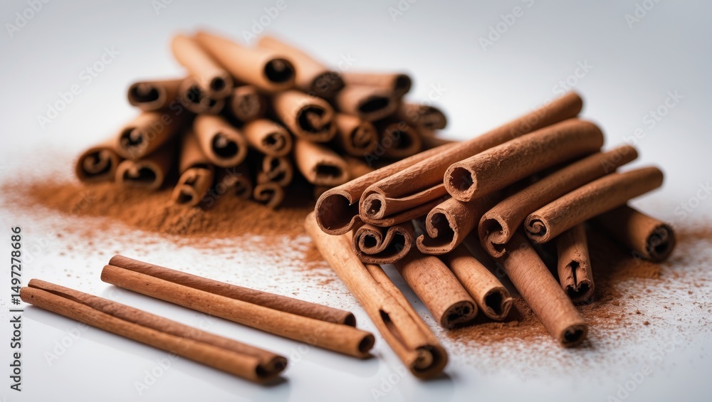 Poster heap of cinnamon sticks isolated on the background, presented in two distinct views