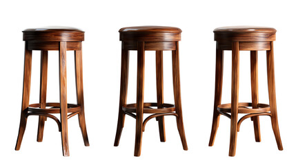Three wooden bar stools arranged in a row, showcasing their elegant design against a white isolated background.