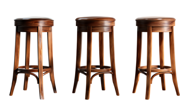 Three wooden bar stools arranged in a row, showcasing their elegant design against a white isolated background.