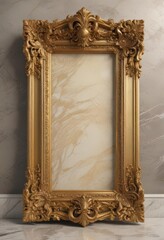 Ornate golden frame with intricate detailing rests on polished marble ,  artistic,  decoration,  decorative