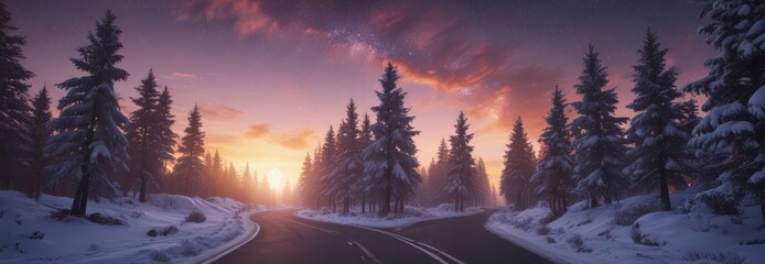 Snowy trees frame a road leading to a colorful sunrise, with the majestic Milky Way galaxy visible ,  picture,  journey, cosmic