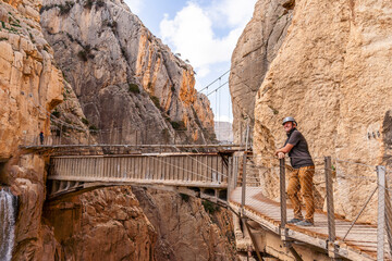 Tourist Man Hiking the Trails in Caminito Del Rey, El Chorro - Spain