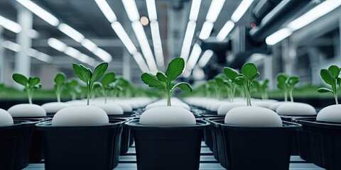 Modern indoor hydroponic farm showcasing rows of seedlings under bright energy efficient lighting