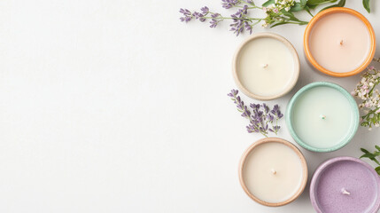 Top view image of decorative candles surrounded by fresh flowers, creating calming and serene atmosphere
