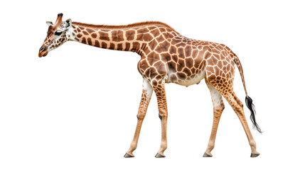 Naklejka premium Standing giraffe, long neck and spotted wildlife, giraffe height standing giant, giraffe majesty high neck wildlife, long neck king giraffe, on a transparent backgrounds