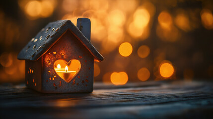Cozy candlelit house with heart shaped window against warm bokeh background