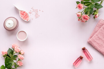 Skin care cosmetic products with roses essential oil. Beauty routine concept